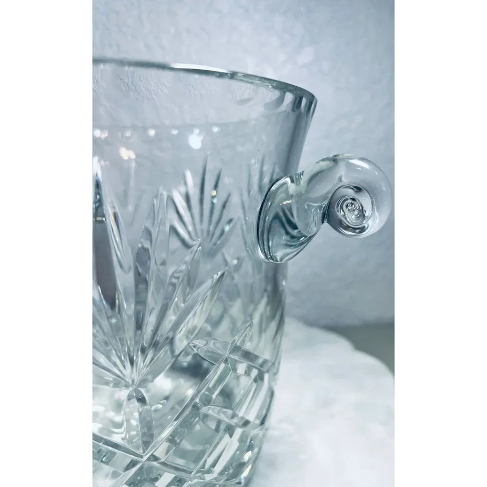 Crystal Champaign Ice Bucket Diamond Cut Swirled‎ Scroll Handles 8X8